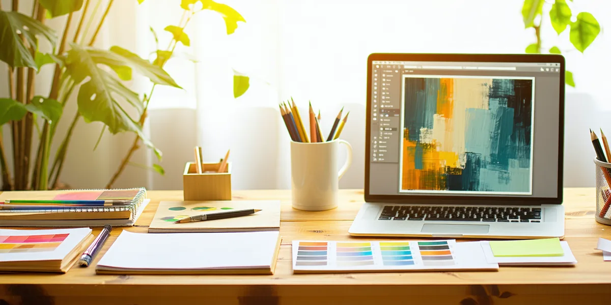 Seattle creative studio workspace scene — a well-lit desk with design tools, sketchbooks, and a laptop showing a canvas interface
