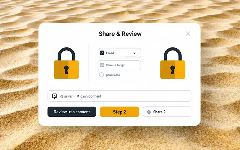 Step 2 illustration — locked layers view with reviewer invitation panel showing email invite fields and permission controls