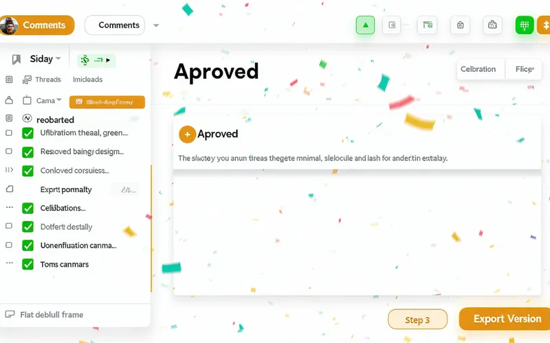 Step 3 illustration — comments resolved view with a final approved version badge and export button ready to ship