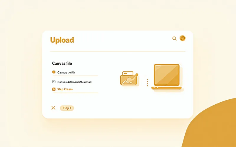 Step 1 illustration — a brand designer uploading a canvas file into Atelier, showing the upload interface with drag-and-drop zone