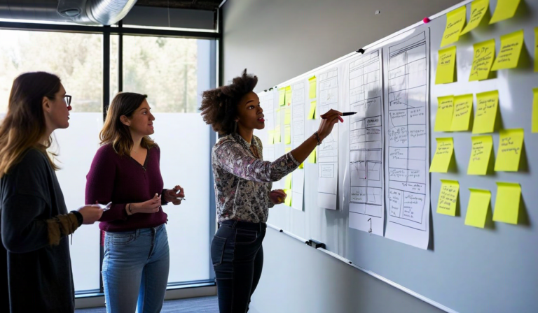 Two designers side by side reviewing printed design at whiteboard
