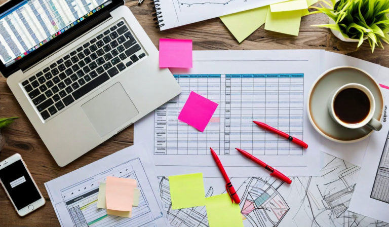 Chaotic sticky notes and printed mockups spread across desk