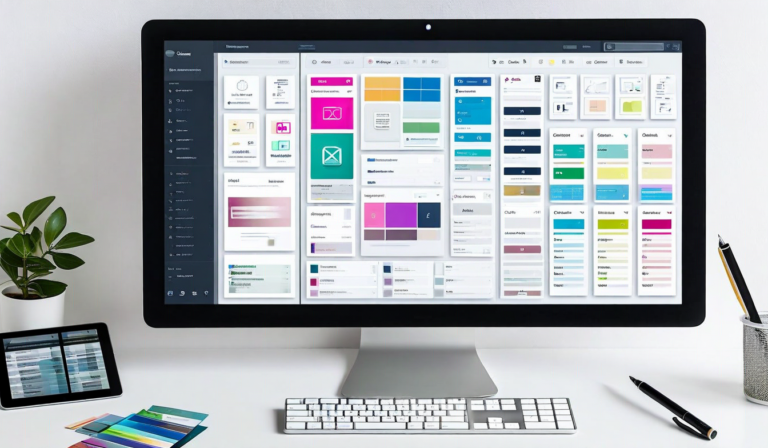 Component library grid on design tool screen, overhead view