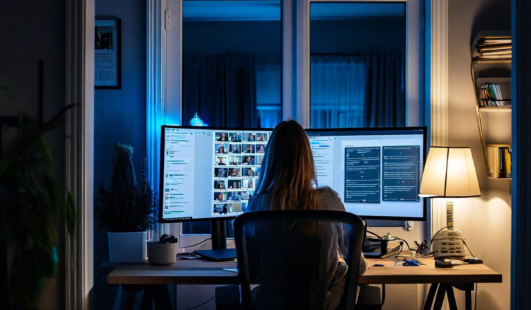 Remote designer on video call with second monitor showing mockups